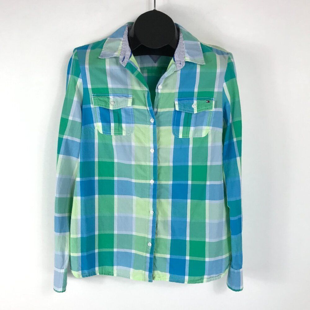 Tommy Hilfiger Plaid Button-Down Shirt Women's Large Cotton Roll Tab Sleeves
